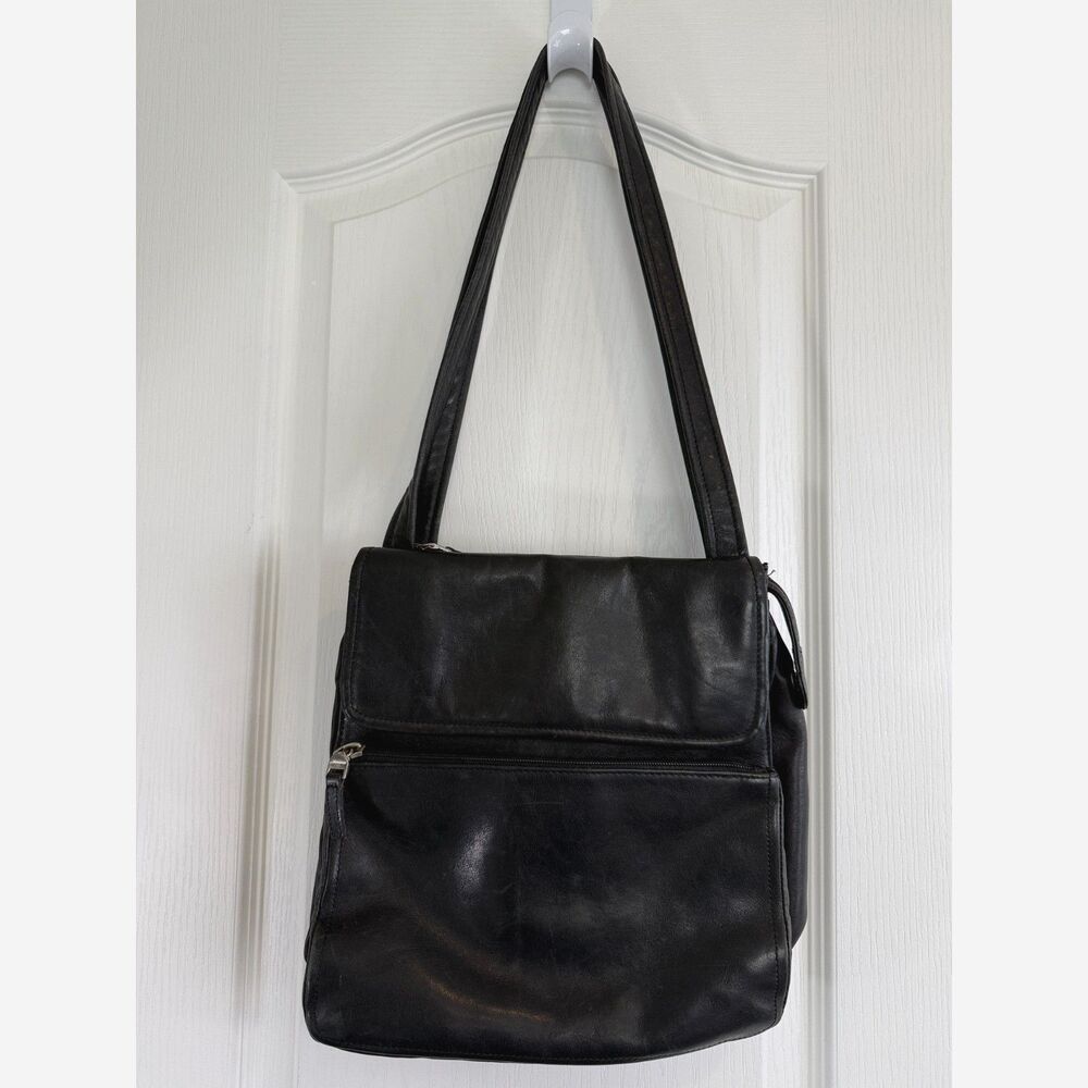 Vintage Fossil Black Leather Shoulder Bag Purse Handbag